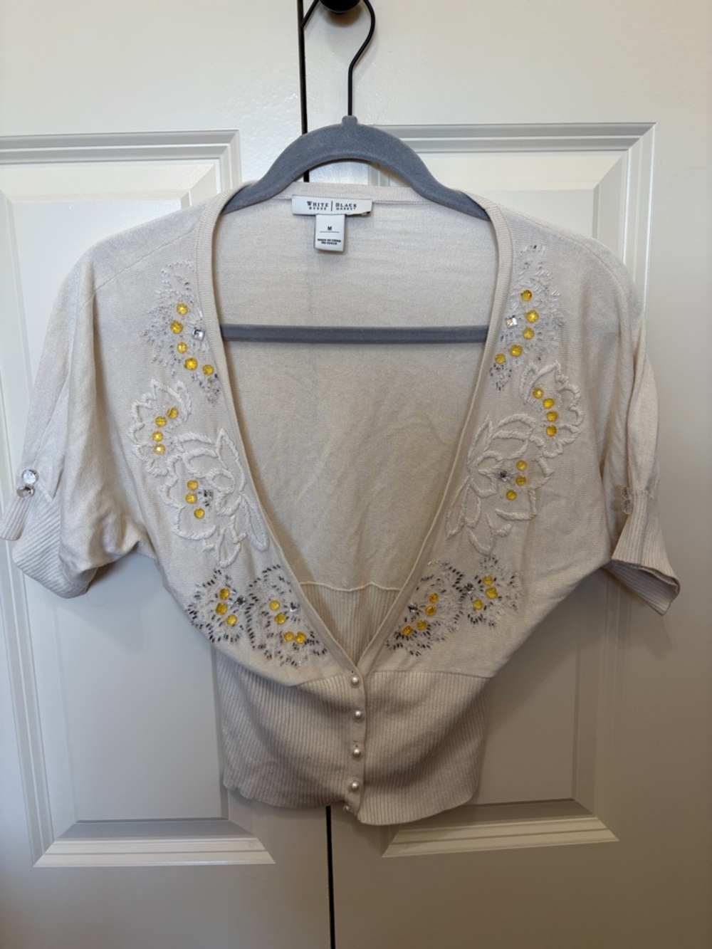 White House Black Market Cream Embellished Short-Sleeve Cardigan